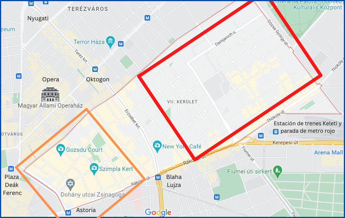 Mapa de las mejores zonas del distrito 7 de Budapest para turistas